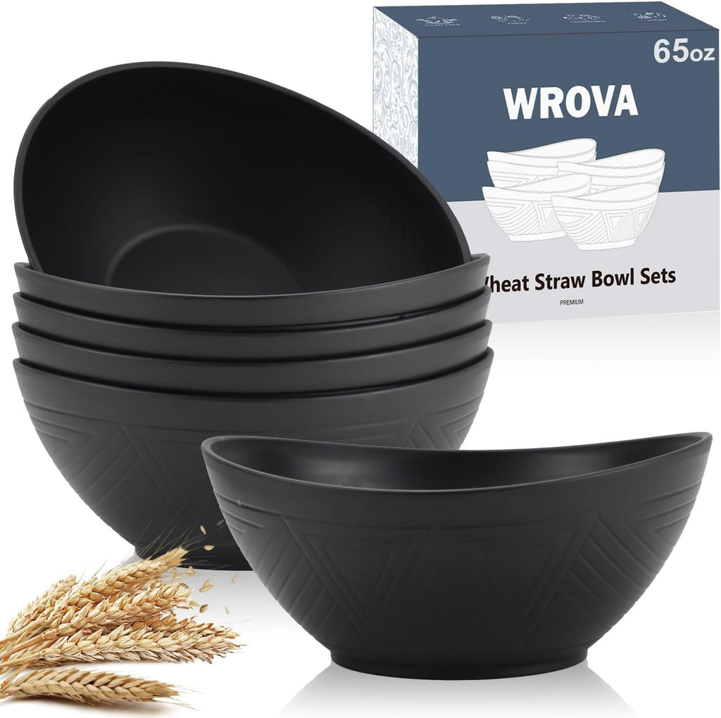Wrova 65oz Big Wheat Straw Bowls - Large Salad Bowls set of 6 - Unbreakable Serving Bowls - Microwave & Dishwasher Safe - Oval Bowls for Cereal Salad Fruit - Pure Black