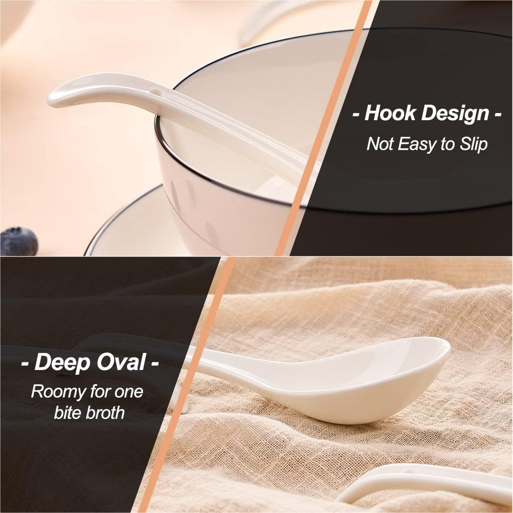 Asian Soup Spoons Set of 4  Ramen Spoons  Ceramic Spoons 6.6" Chinese/Japanese Soup Spoons for Pho  Cereal - Deep Oval Hook Design