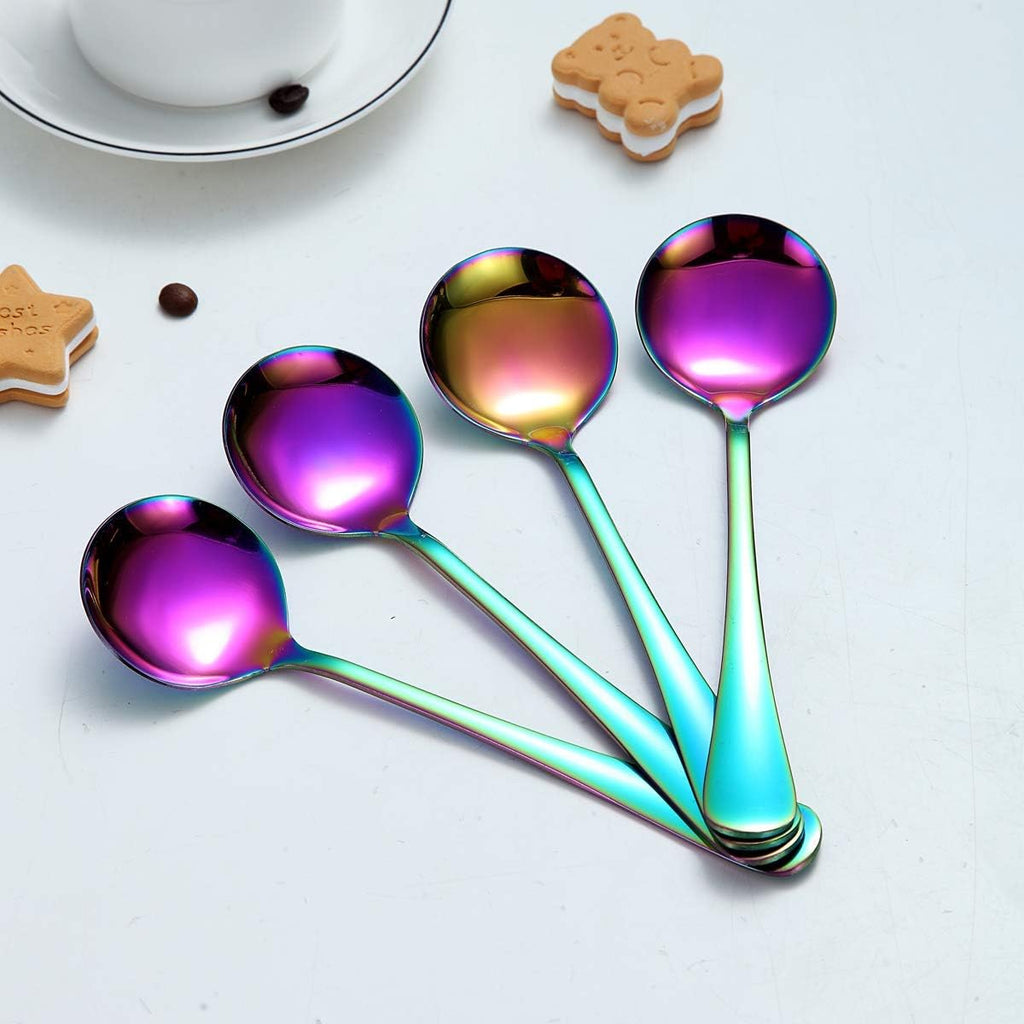 Rainbow Soup Spoon of 4  Berglander 7.5" Stainless Steel Titanium Plating Shiny Mutilcolor Round Spoons Silverware  Colorful Table Spoon Table Spoons Set Sturdy Easy To Clean  Dishwasher Safe