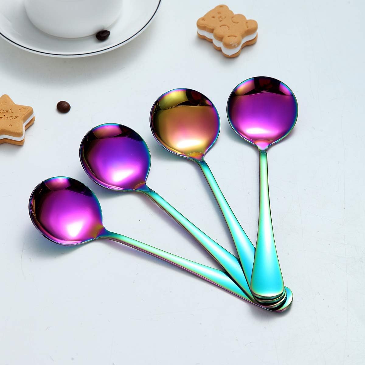 Rainbow Soup Spoon of 4  Berglander 7.5" Stainless Steel Titanium Plating Shiny Mutilcolor Round Spoons Silverware  Colorful Table Spoon Table Spoons Set Sturdy Easy To Clean  Dishwasher Safe