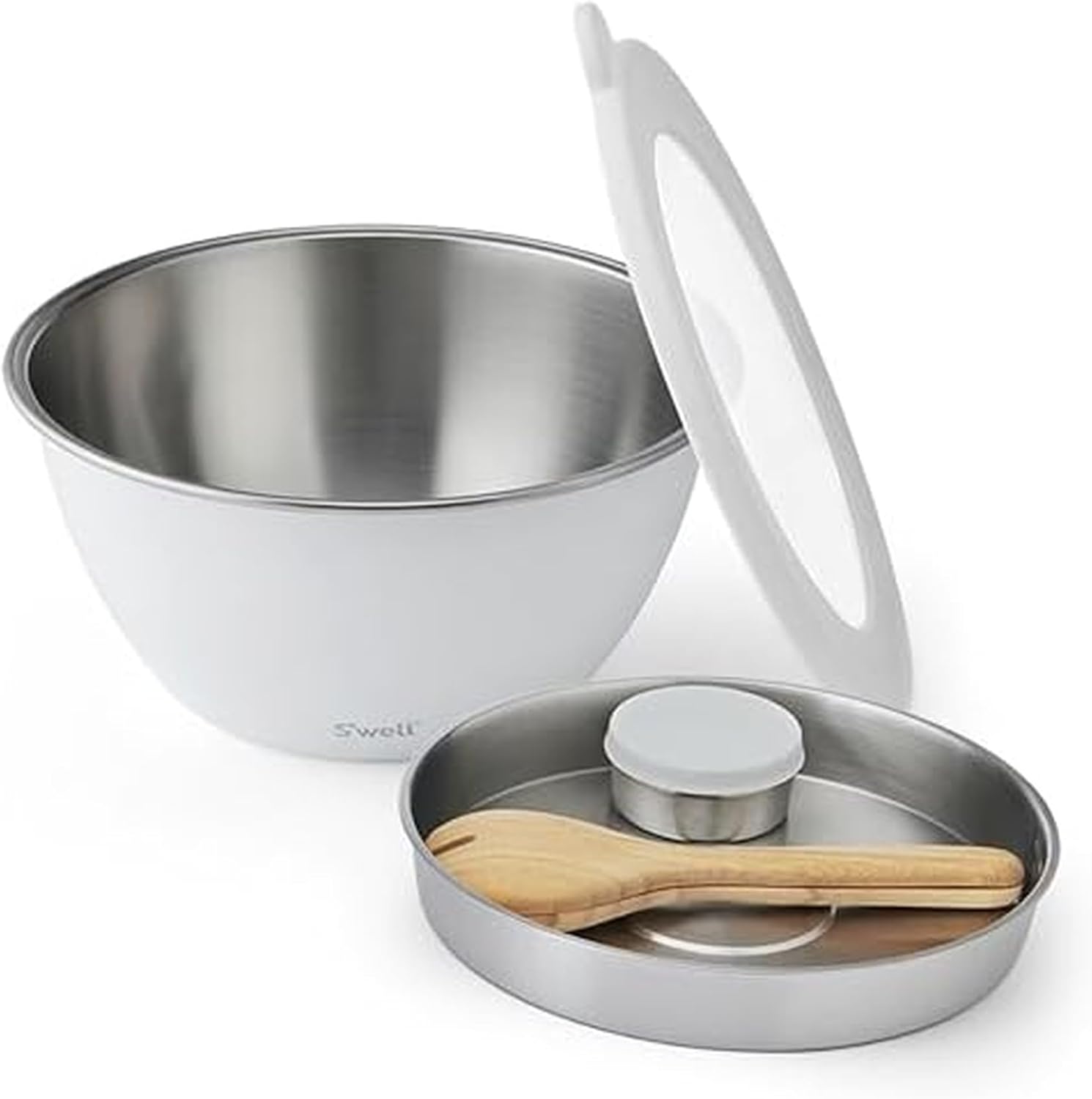 S'well Stainless Steel Salad Bowl Kit XL 184oz  Angel Food  Includes 5oz Canister For Dressing  Serving Utensils  and Removable Tray  Leakproof  Easy to Clean  Dishwasher and Refrigerator Safe