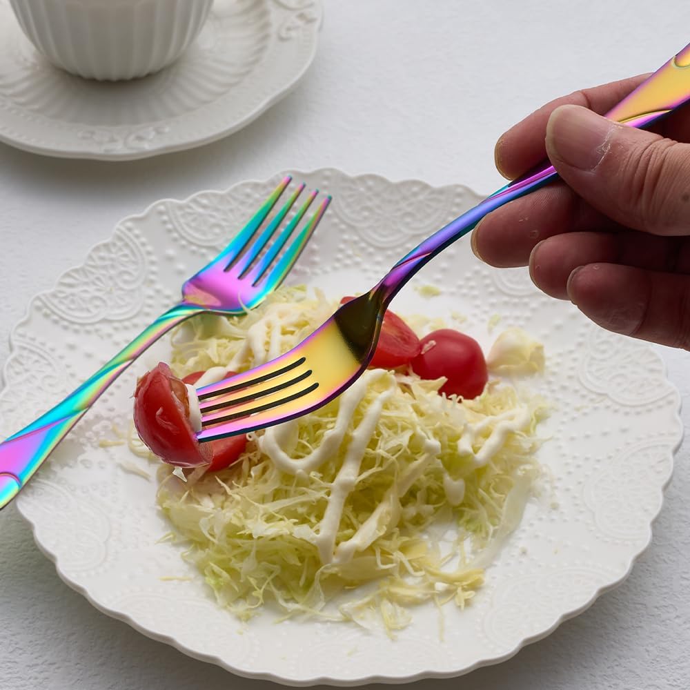 Rainbow Salad Fork Set  6.9-inch Stainless Steel Dessert Forks  6-Piece Shiny Metal Small Cake Fork  Iridescent Silverware Set  Dishwasher Safe