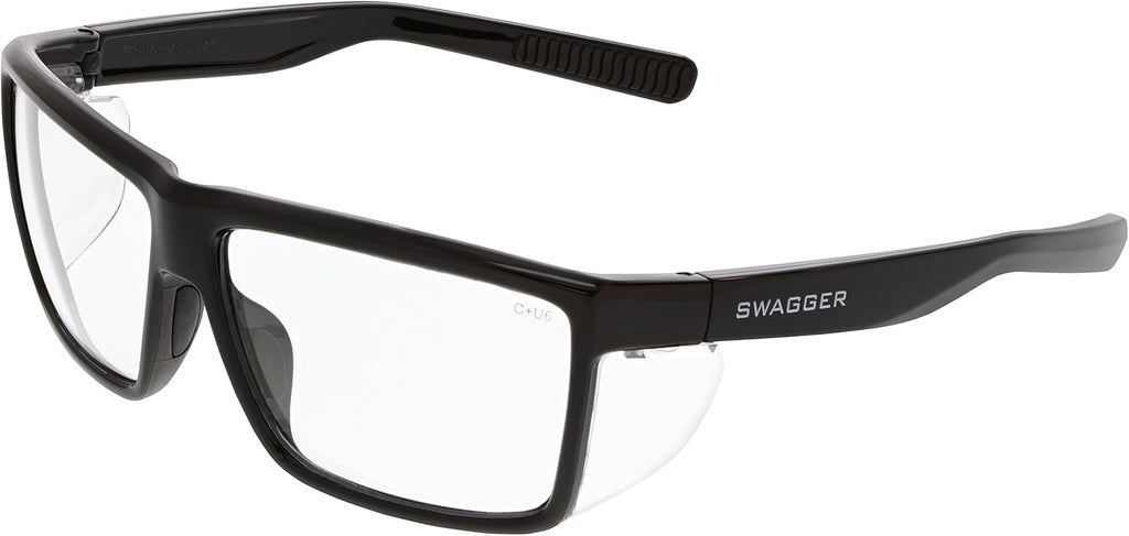 MCR Safety SR210 Swagger SR2 Series Safety Glasses with Thermo Plastic Rubber Nose Pads and Detachable Side Shields  Black Frame  Clear Lens