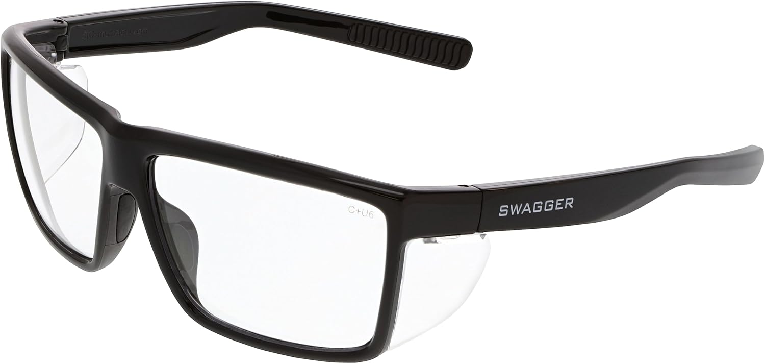 MCR Safety SR210 Swagger SR2 Series Safety Glasses with Thermo Plastic Rubber Nose Pads and Detachable Side Shields  Black Frame  Clear Lens