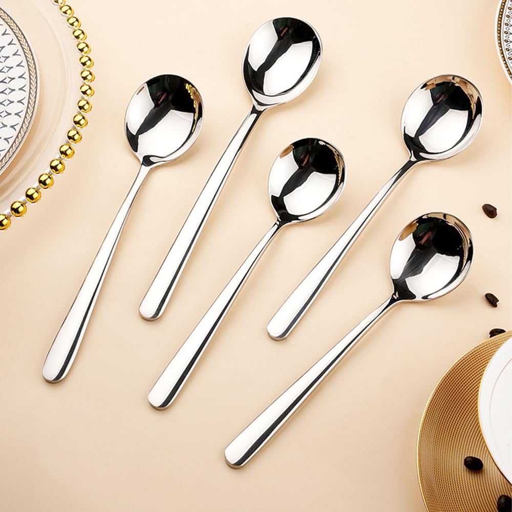 Large Round Soup Spoons Set Set of 4 Premium 18/10 Stainless Steel Spoons with Long Handles 7.8 Inch Elegance Tablespoon Dishwasher Safe Fine Mirror Polished (Silver)