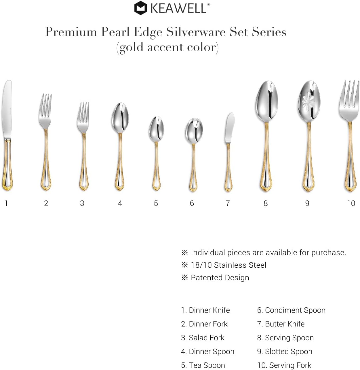KEAWELL Pearl Edge 4-Piece Premium Fork Set  18/10 Stainless Steel  Fine Silverware Forks with Mirror Finish and Exquisite Craftsmanship  Gold Accent  Dishwasher Safe (4  7.3" Salad Forks)