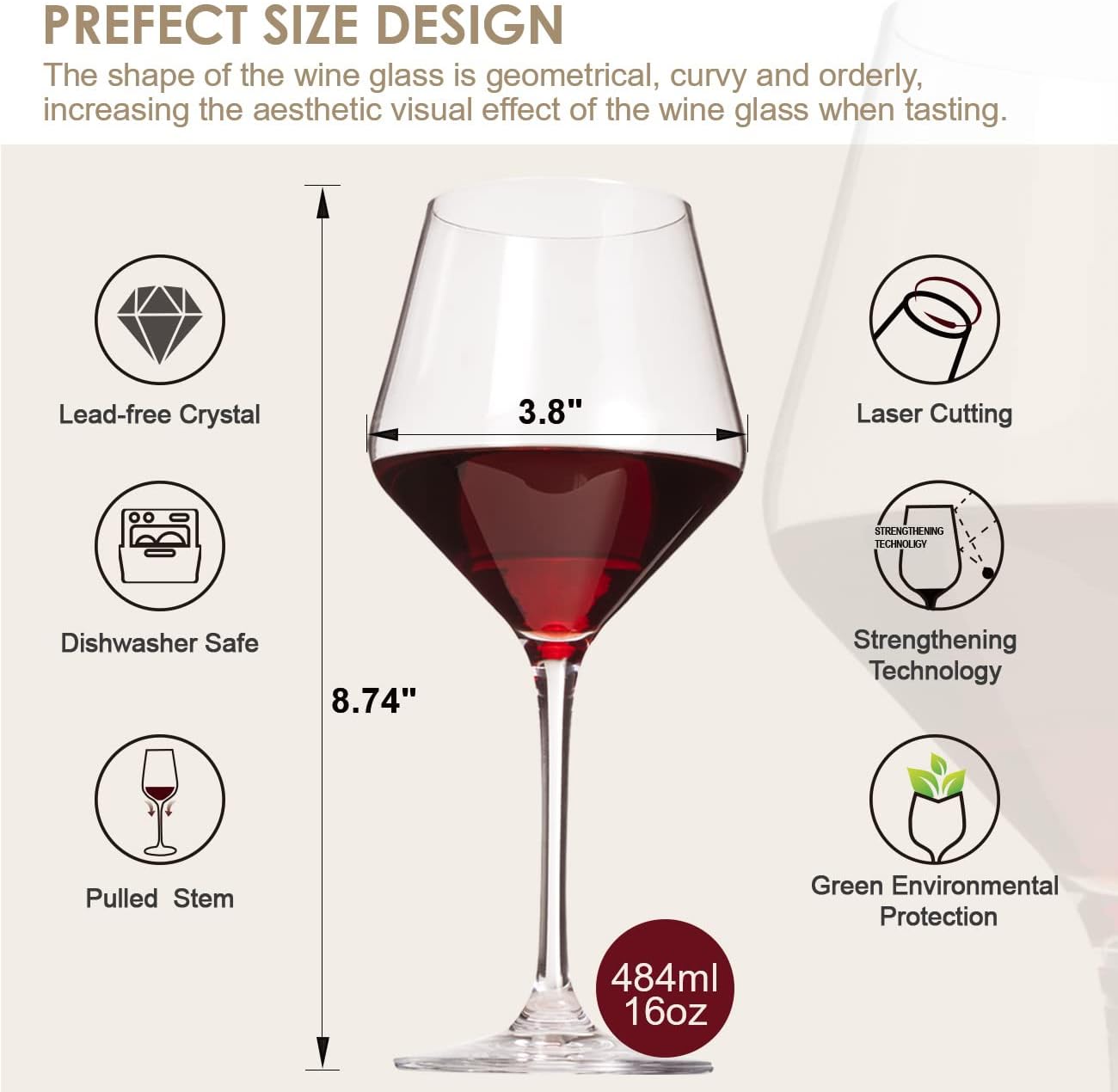 Wine Glasses White Red Wine Glasses Set of 6 Lead-Free Premium Crystal Clear Glass Hand Blown Italian Style Burgundy Long Stem Wine Glasses Great Gift Packaging(16oz 6pack)