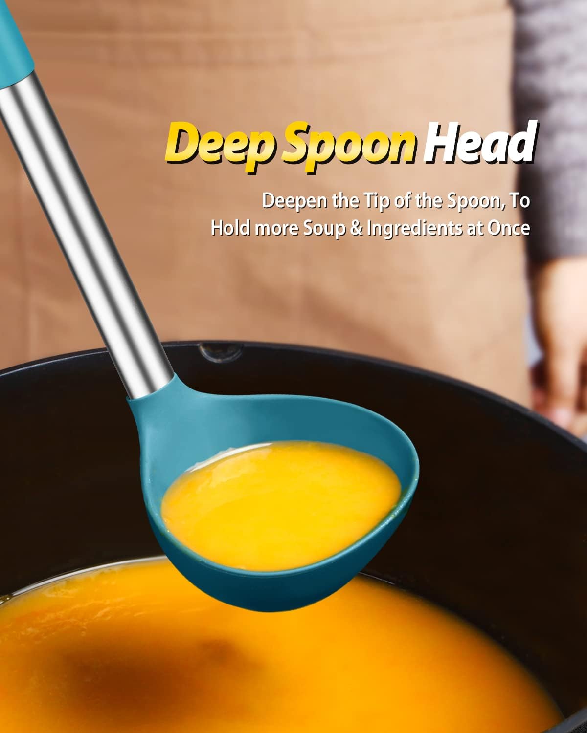 Silicone Pasta Fork and Ladle Spoon Set  Large Non Stick Kitchen Utensils for Cooking Stirring Serving Spaghetti  Soup  Sauce (BLUE)