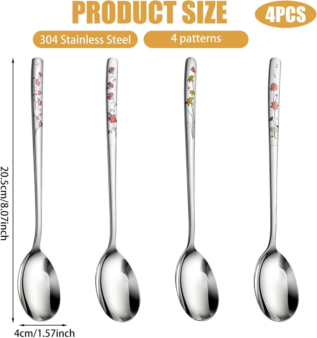 Grevosea 4 Pcs Korean Soup Spoons Stainless Steel 8 Inch Long Handle Tablespoon Asian Soup Spoon Cute Dinner Spoons for Home Kitchen or Restaurant  Dishwasher Safe (Flowers)