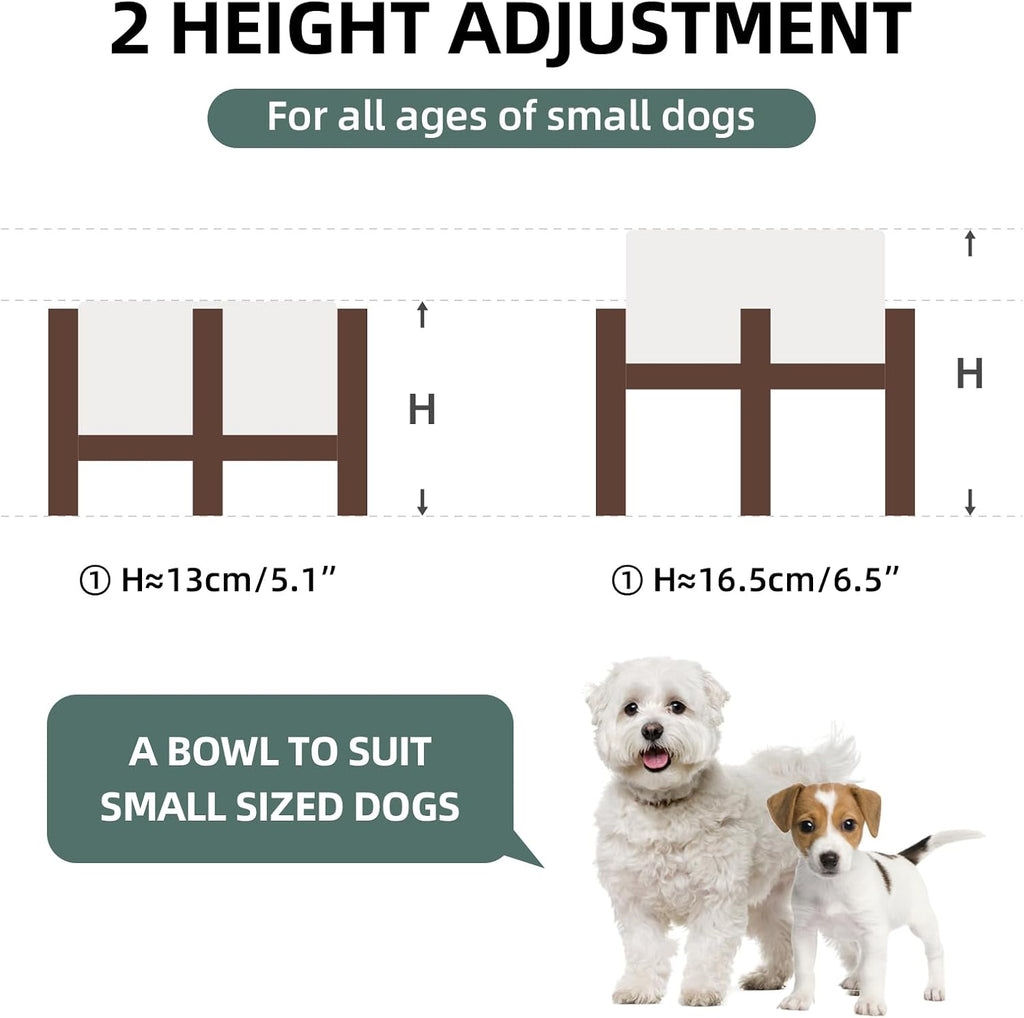 6.1inch Ceramic Raised Double Bowls Set with Acacia Wood Stand  2 Heights Elevated  Food & Water Bowls for Small Breed Dogs  Weighted Dog Dishes  Pet Bowl(27oz  Arctic White)