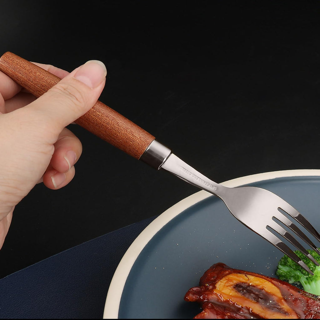Wooden Handle Stainless Steel Flatware Set  Metal Forks for Home Kitchen Restaurant Hotel  Polish Forks Silverware With Sapele Handle  7.3 Inches  4 Pieces