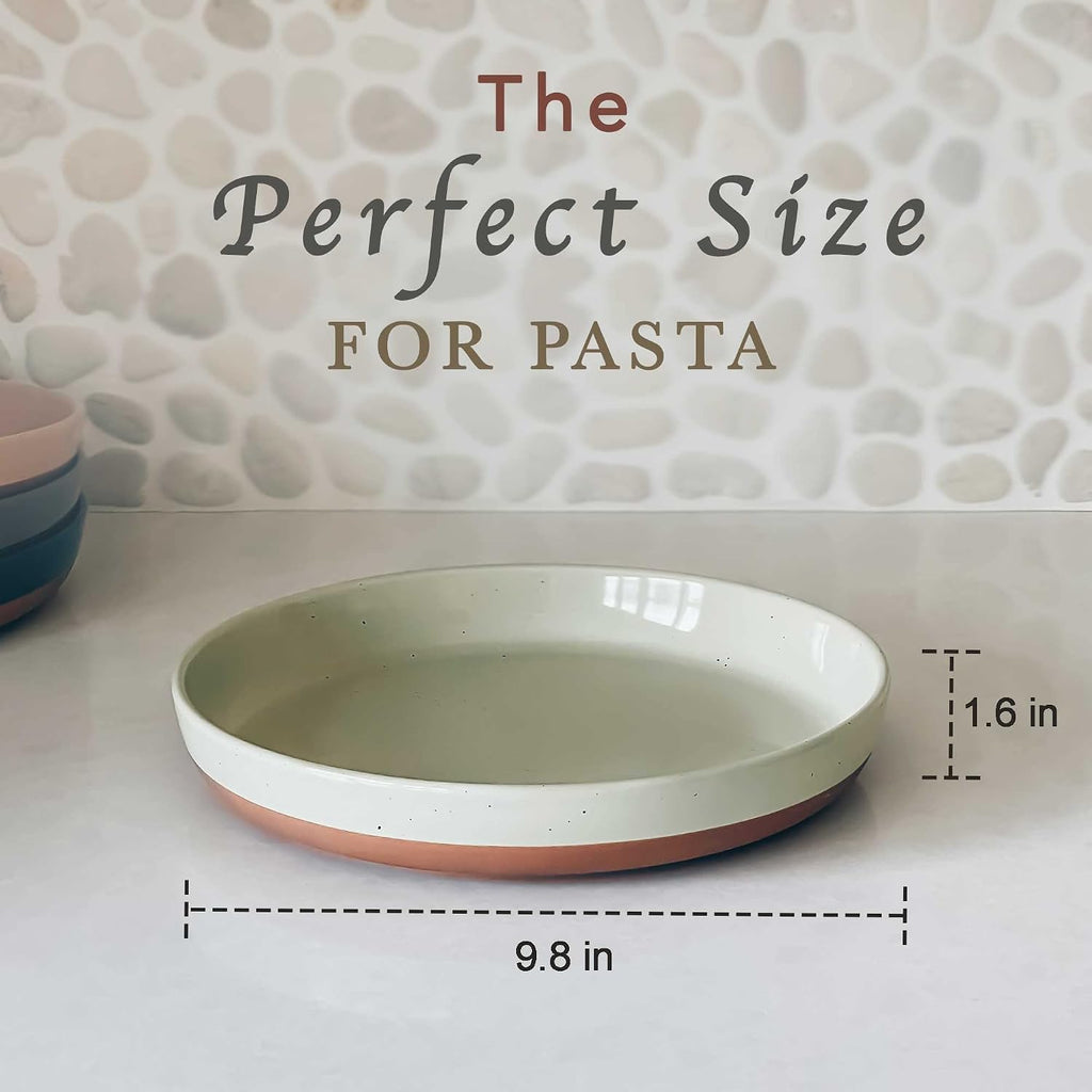 MORA Ceramic Flat Pasta Bowl Set of 4-35oz  Microwave Safe Plate with High Edge - Modern Porcelain Dinnerware for Kitchen and Eating  Large Wide Bowls/Plates for Serving Dinner  Salad  etc- Neutrals
