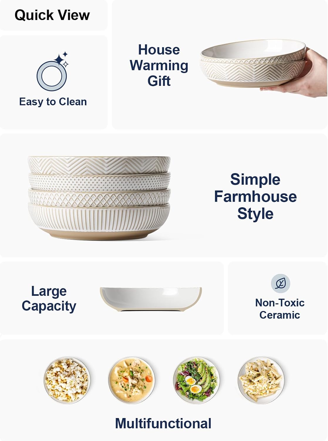 LE TAUCI Pasta Bowls 46oz  Large Salad Bowl  Ceramic Serving Plate  House-warming Wedding Present  Embossment Stoneware Bowl for Fruits  Noodle  Dinner - 9 Inch  Set of 4  Arctic White