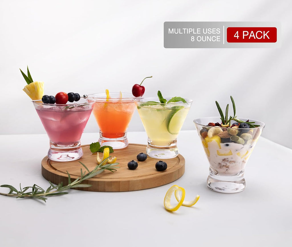LUNA & MANTHA Martini Glasses Set of 4  Stemless Martini Cocktail Glasses for Margarita  Manhattan  Cosmopolitan  Home Bar  Evening Parties  Birthdays  Housewarming Gift  Crystal Clear 8 OZ