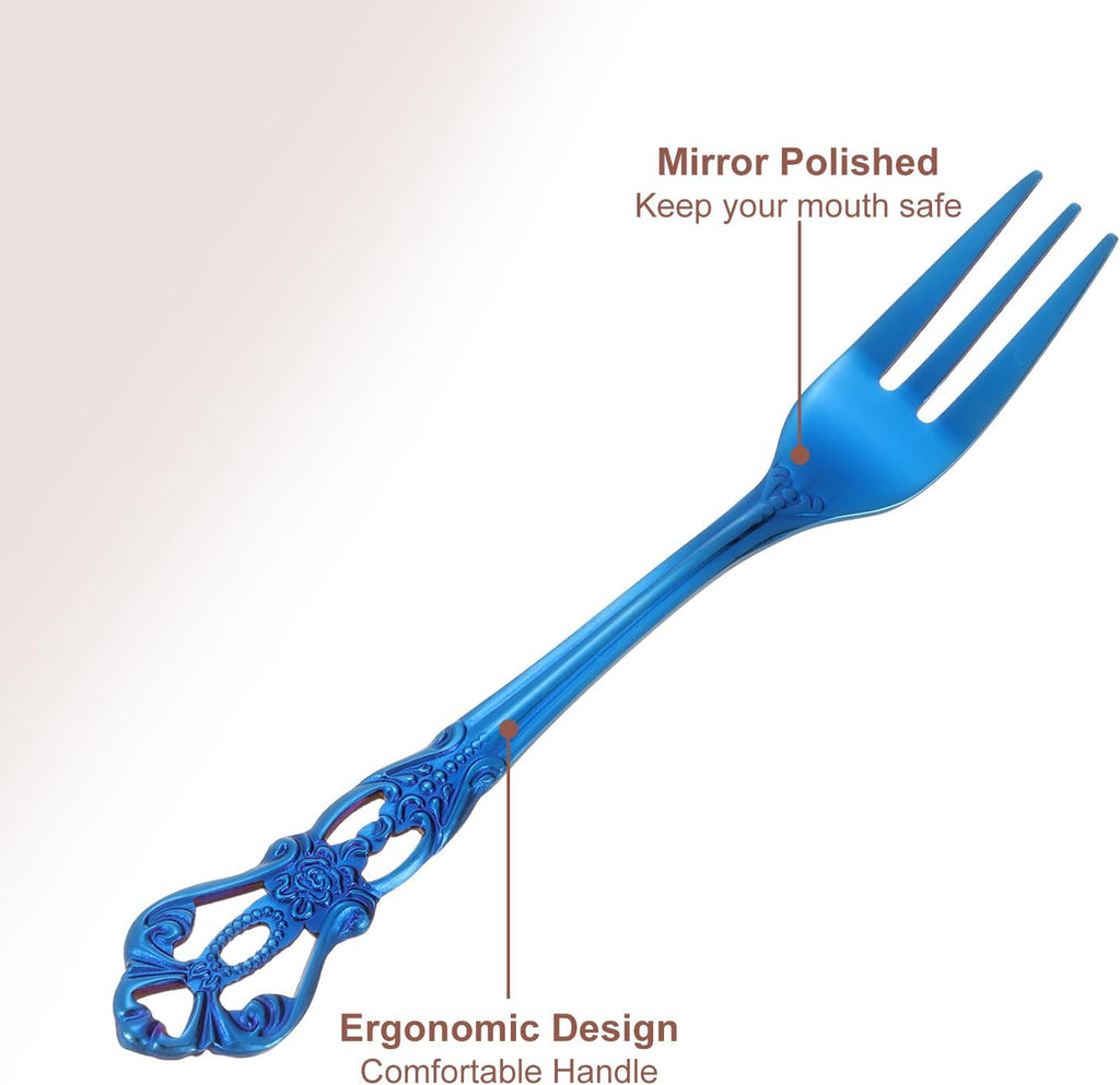 uxcell 8 Pcs Salad Forks  5.1 Inches Stainless Steel Dessert Forks  Mirror Polished  Dishwasher Safe  Tiny Forks for Small Desserts  Cocktails  Blue