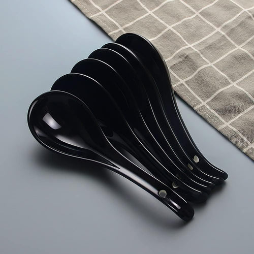 Asian Soup Spoons - YFWOOD 6.75 Inch Ceramic Ramen Spoon Black Chinese Soup Spoons With Deep Oval Hook Design Perfect for Pho Wonton Dumpling And Miso Soups Set Of 6