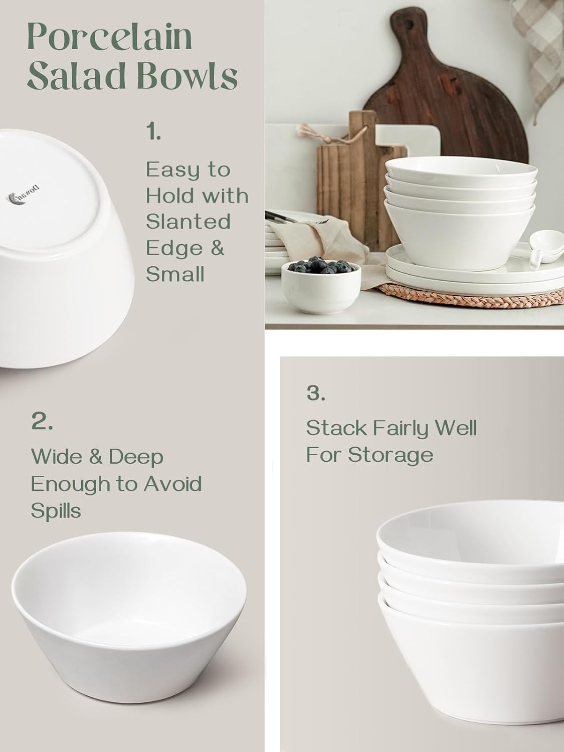 DOWAN 32 OZ Large Soup Bowls Set of 4 - White Ceramic Bowls for Kitchen  Deep Bowls for Cereal  Salad  Pasta  Fruits  Ramen  Dishwasher & Microwave Safe