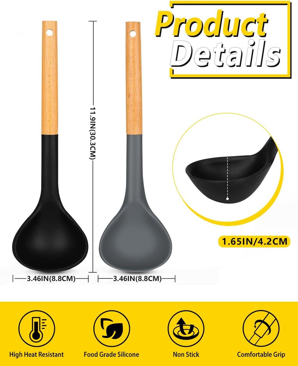 Pack of 2 Soup Ladle  Silicone Ladle Spoon with Wooden Handle  Large Non Stick High Heat Resistant Kitchen Utensils for Cooking  Stirring  Serving Soups(BLACK-GRAY)