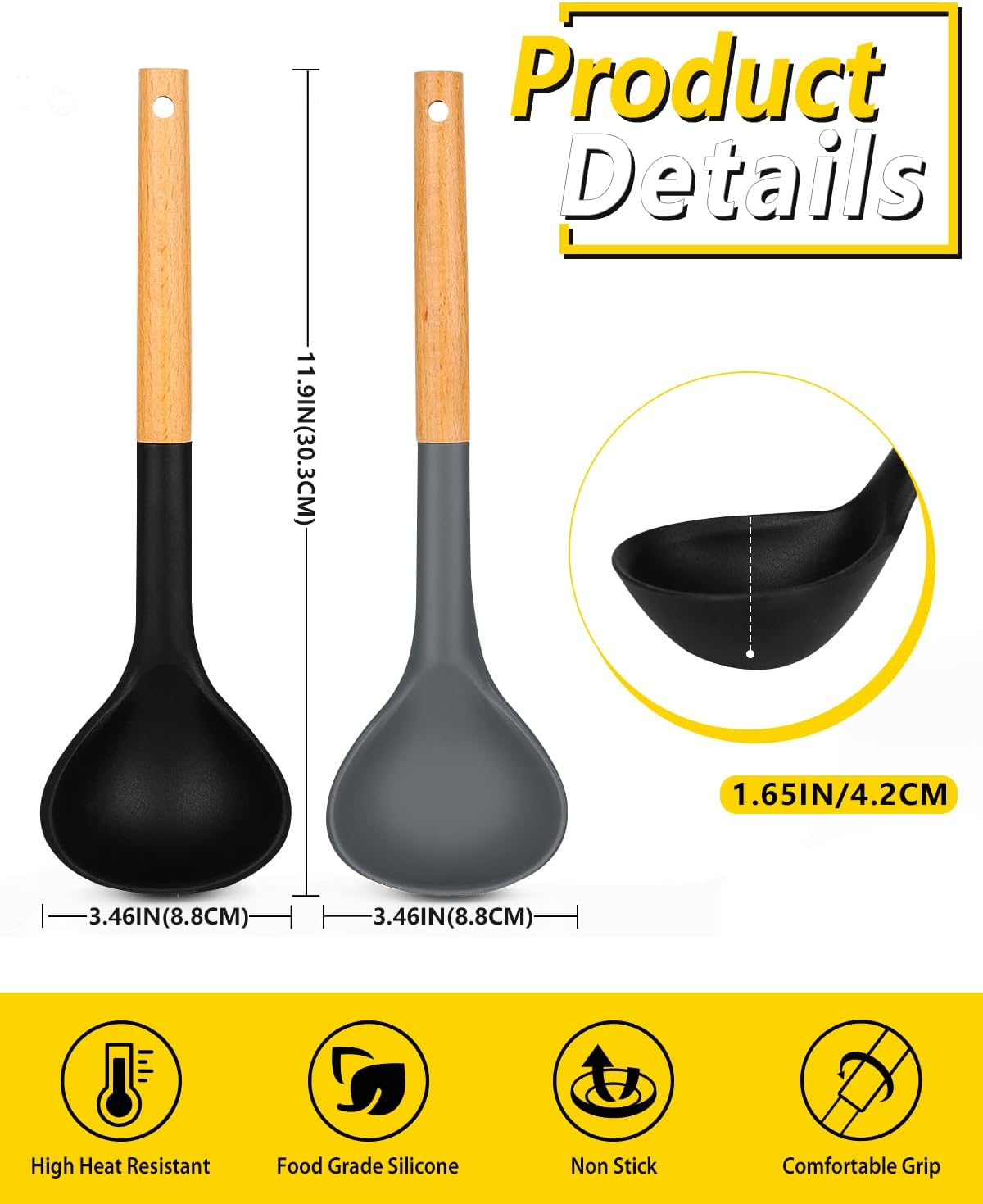 Pack of 2 Soup Ladle  Silicone Ladle Spoon with Wooden Handle  Large Non Stick High Heat Resistant Kitchen Utensils for Cooking  Stirring  Serving Soups(BLACK-GRAY)