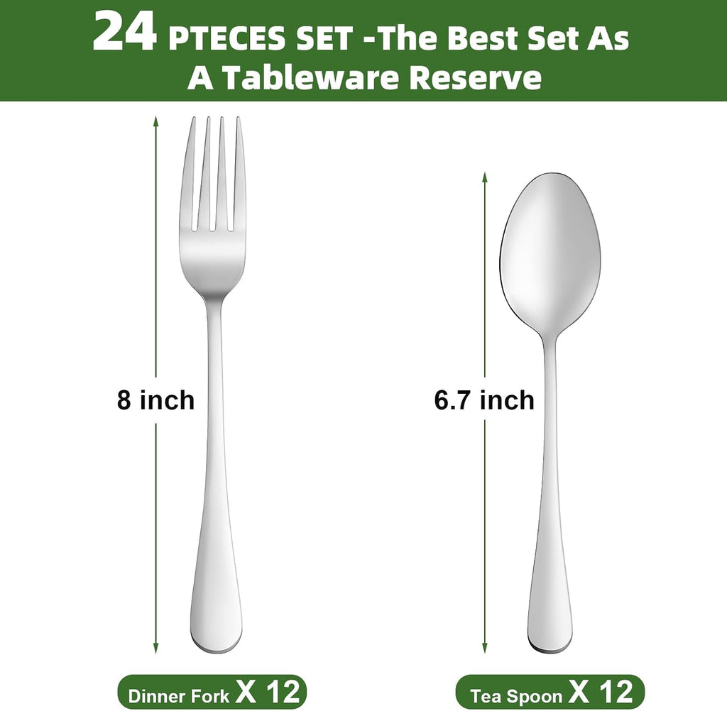 24 Pcs Forks and Spoons Silverware Set  Food Grade Stainless Steel Flatware Cutlery Set for Home  Kitchen and Restaurant  12 Dinner Fork(8") and 12 Teaspoon(6.7")  Mirror Polished  Dishwasher Safe