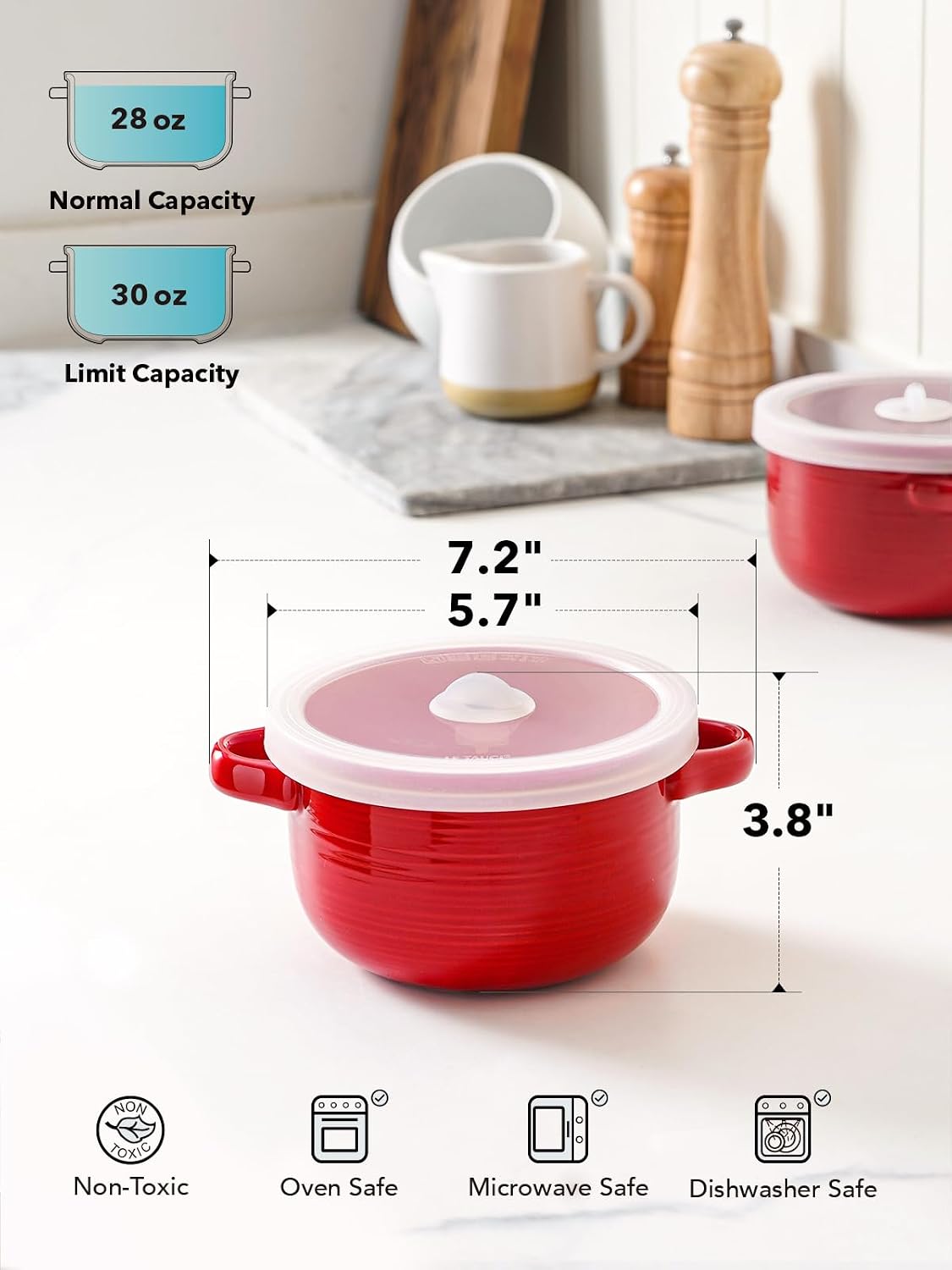 LE TAUCI Soup Bowls with Handles and Silicone Lids  28 oz Ceramic Ramen Bowl Microwavable  Oven Safe French Onion Soup Bowls for Noodles and Cereal  Lead & Cadmium Free Soup Crocks  Set of 2  Red