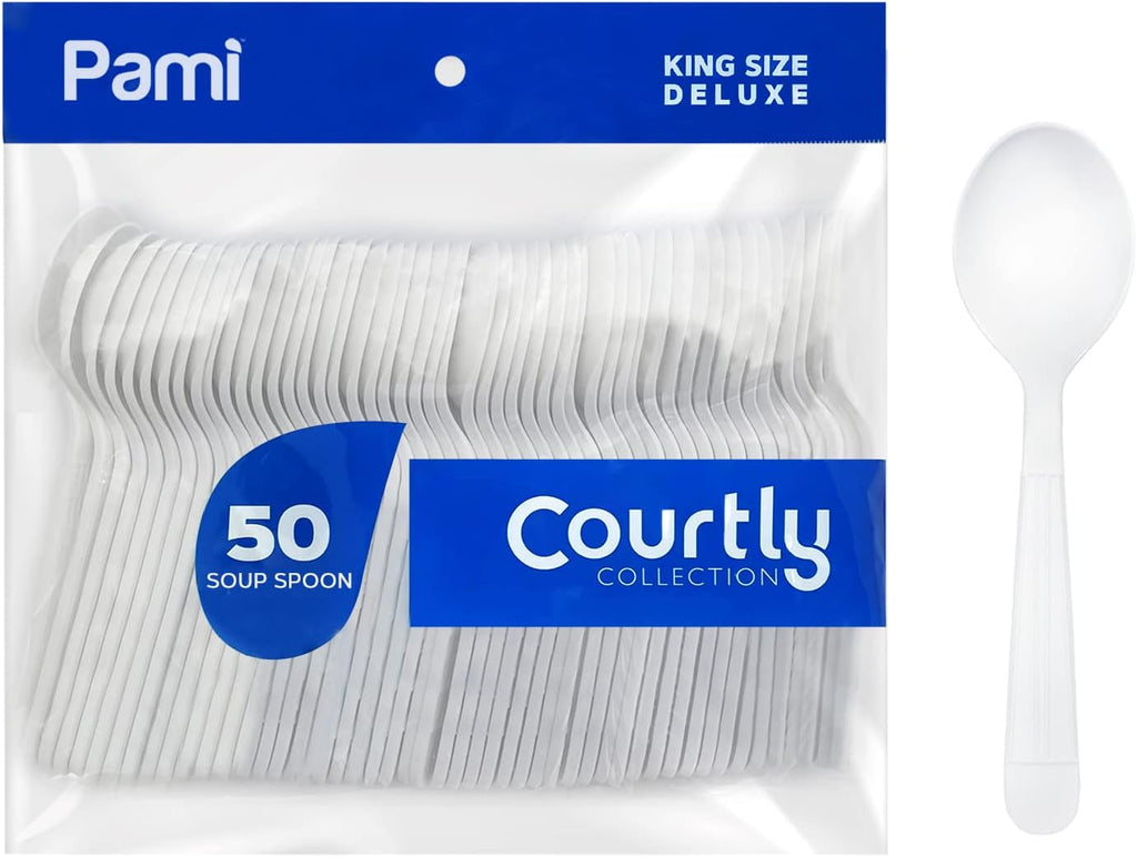 PAMI Heavy-Weight Disposable Plastic Soup Spoons [50-Pack] - Bulk King Size Deluxe White Plastic Silverware For Parties Weddings Caterings Food Stands Takeaway- Heavy-Duty Single-Use Party Spoons