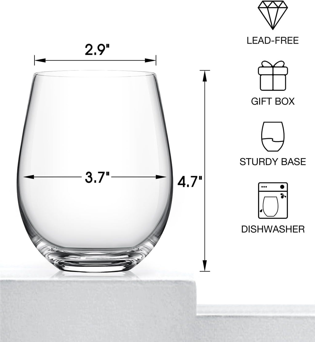 LUNA & MANTHA Stemless Wine Glasses Set of 4  18oz Crystal Red White Wine Glasses for Daily Use  Hosting  Home Bar  Evening Party  Birthdays  Shower  Housewarming Gift  Clear