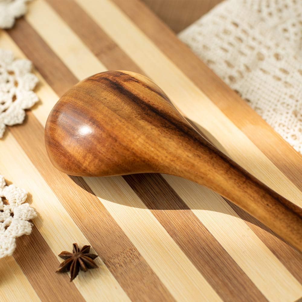 Wood Kitchen Utensils Set  5 PCs Natural Acacia Wooden Spoons For Cooking for Non-stick Skillet  Utensil set For Cooking With Soup Ladle and Wok Spatulas  Salad fork  Spurtles for Cooking