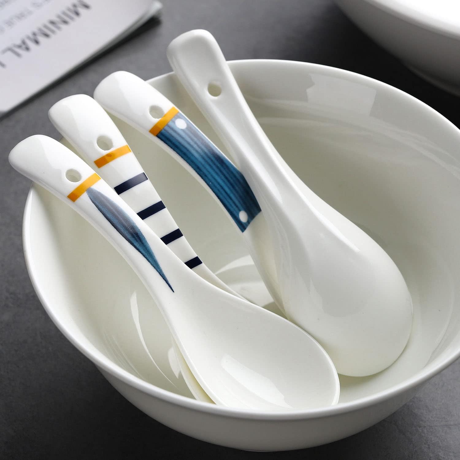 Ceramic Asian Soup Spoons Set of 4 Japanese Ramen Spoons Porcelain Chinese Soup Spoons for Ramen Noodles Pho Blend with Udon