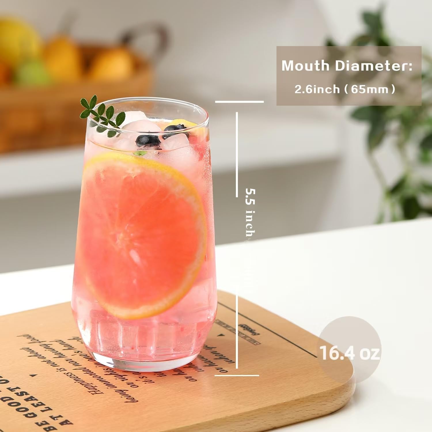 Drinking Glasses Set of 6  16.4 oz Crystal Water Glasses Tall Glass Cups Highball Glass for Cocktail Juice Mojito Iced Tea Kitchen and Bar Glassware Gifts for Christmas