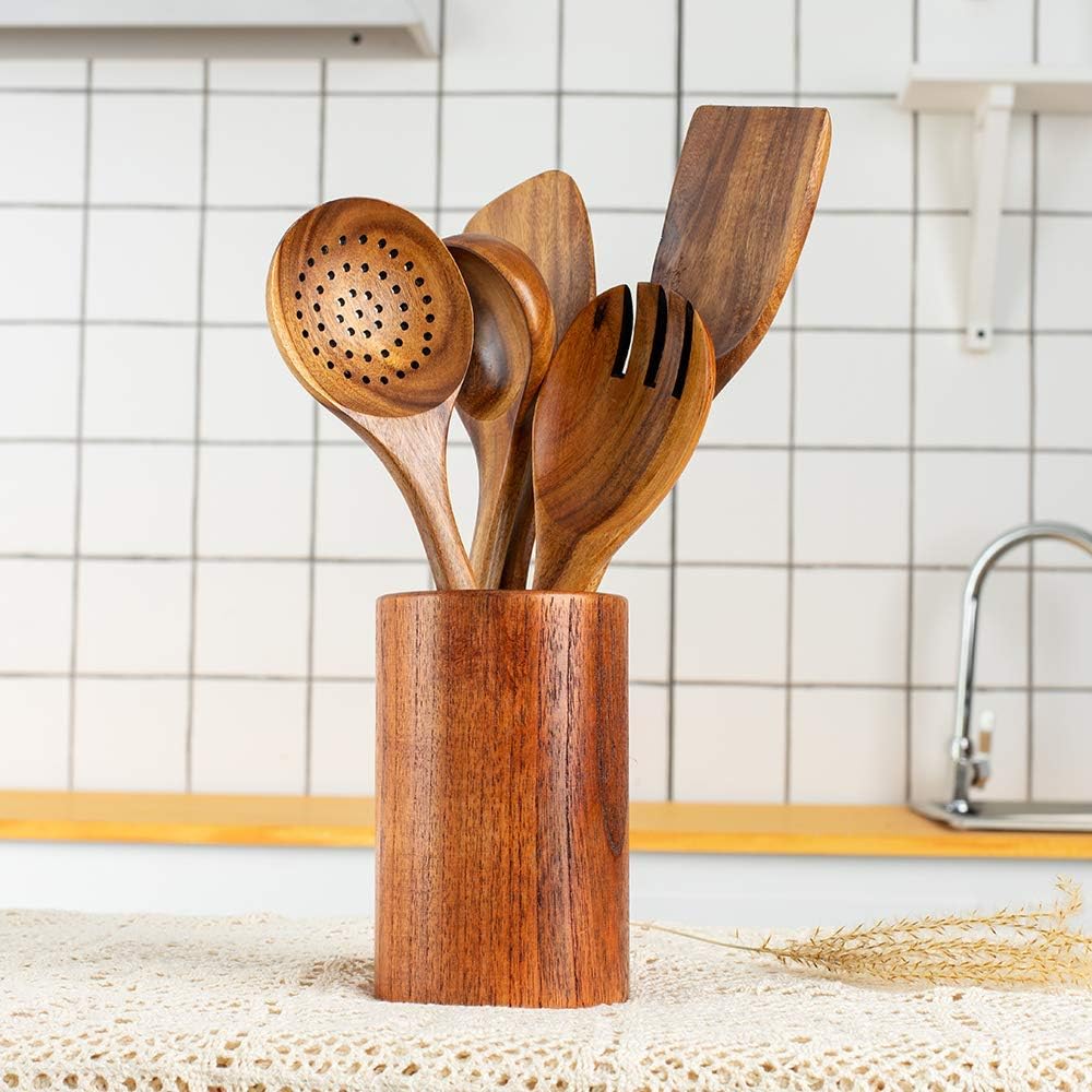 Wood Kitchen Utensils Set  5 PCs Natural Acacia Wooden Spoons For Cooking for Non-stick Skillet  Utensil set For Cooking With Soup Ladle and Wok Spatulas  Salad fork  Spurtles for Cooking