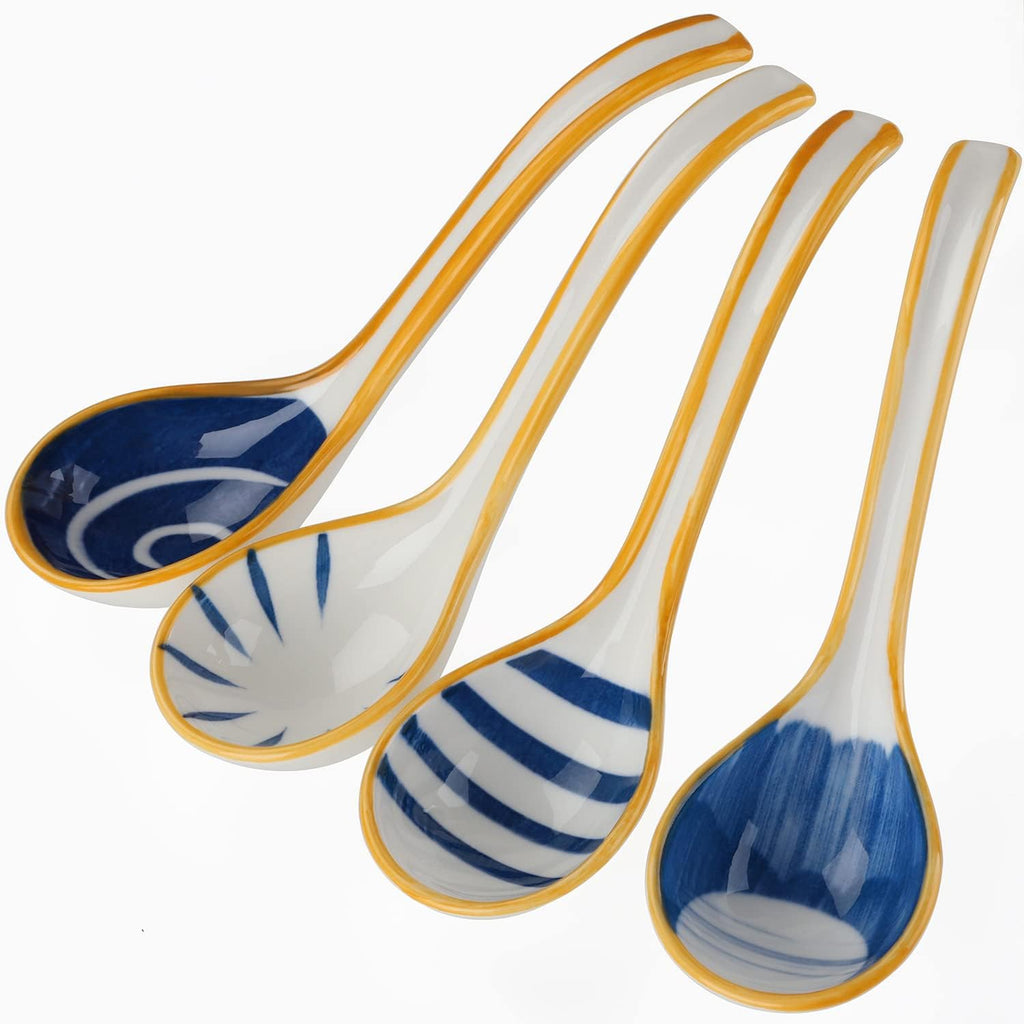 Ceramic Soup Spoons Set of 4 Porcelain Japanese Soup Spoon Long Handle Asian Soup Spoon Sets for Pho Ramen Noodles Wonton Dumpling Rice (Model 1#)