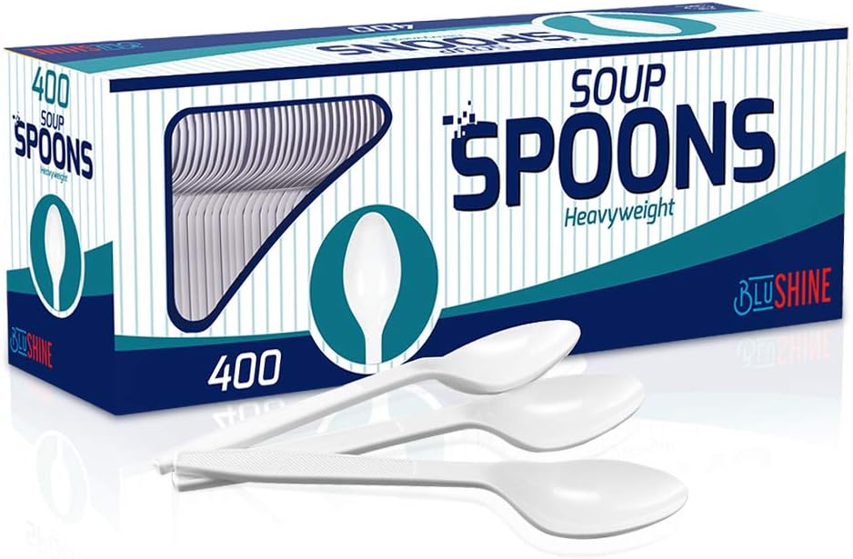 400 pack Extra Heavyweight Disposable White Plastic Soup Spoons -Heavy Duty White Cutlery-Utensils  Parties  Dinners  Catering Services  Family Gatherings