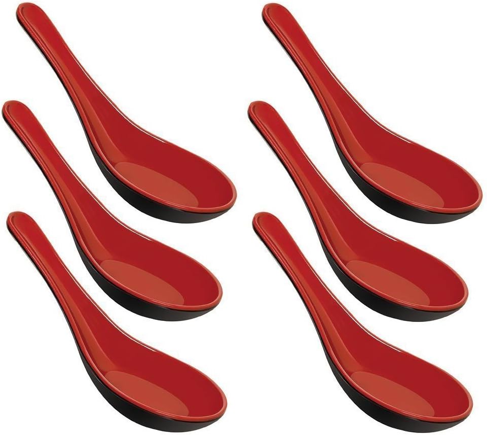 Happy Sales Melamine Soba  Rice Spoons  Chinese Won Ton Soup Spoon  Asian Red and Black  6 Pack Plain Style