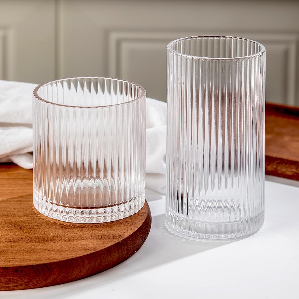 Ribbed Drinking Glasses 8pcs  12oz and 10oz Glassware  Tumbler Glasses Cup Set for Wedding  Party  Christmas Gift  Clear