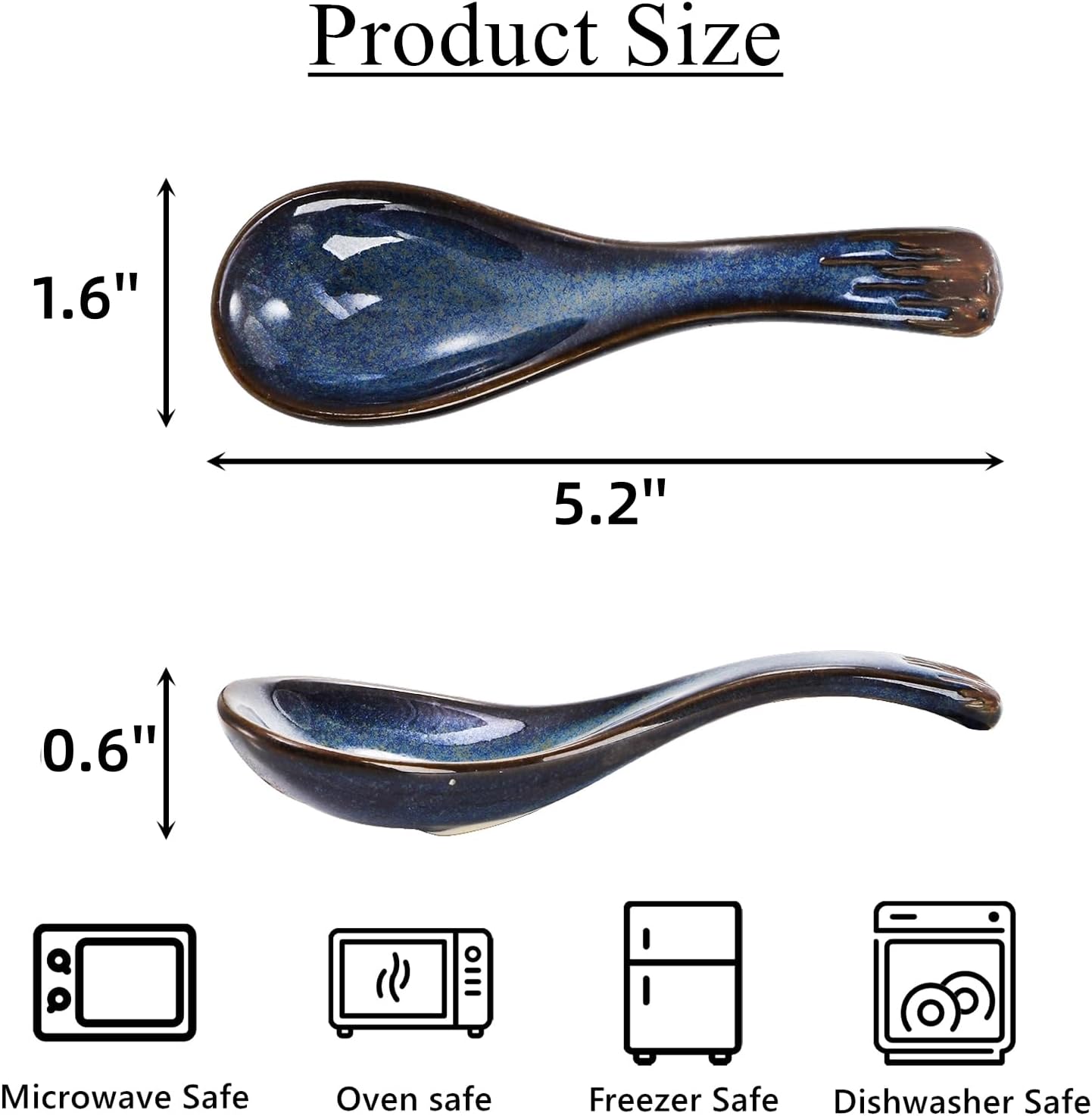 Set of 8 Asian Soup Spoon Ceramic  Blue Chinese Soup Spoons with Non-Slip Bottom  Retro Porcelain Japanese Pho Spoons for Ramen  Wonton  Noodle  Miso  Dumpling  Dishwasher Safe  5.2" L