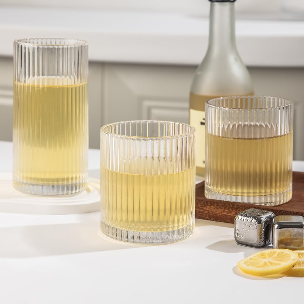Ribbed Drinking Glasses 8pcs  12oz and 10oz Glassware  Tumbler Glasses Cup Set for Wedding  Party  Christmas Gift  Clear