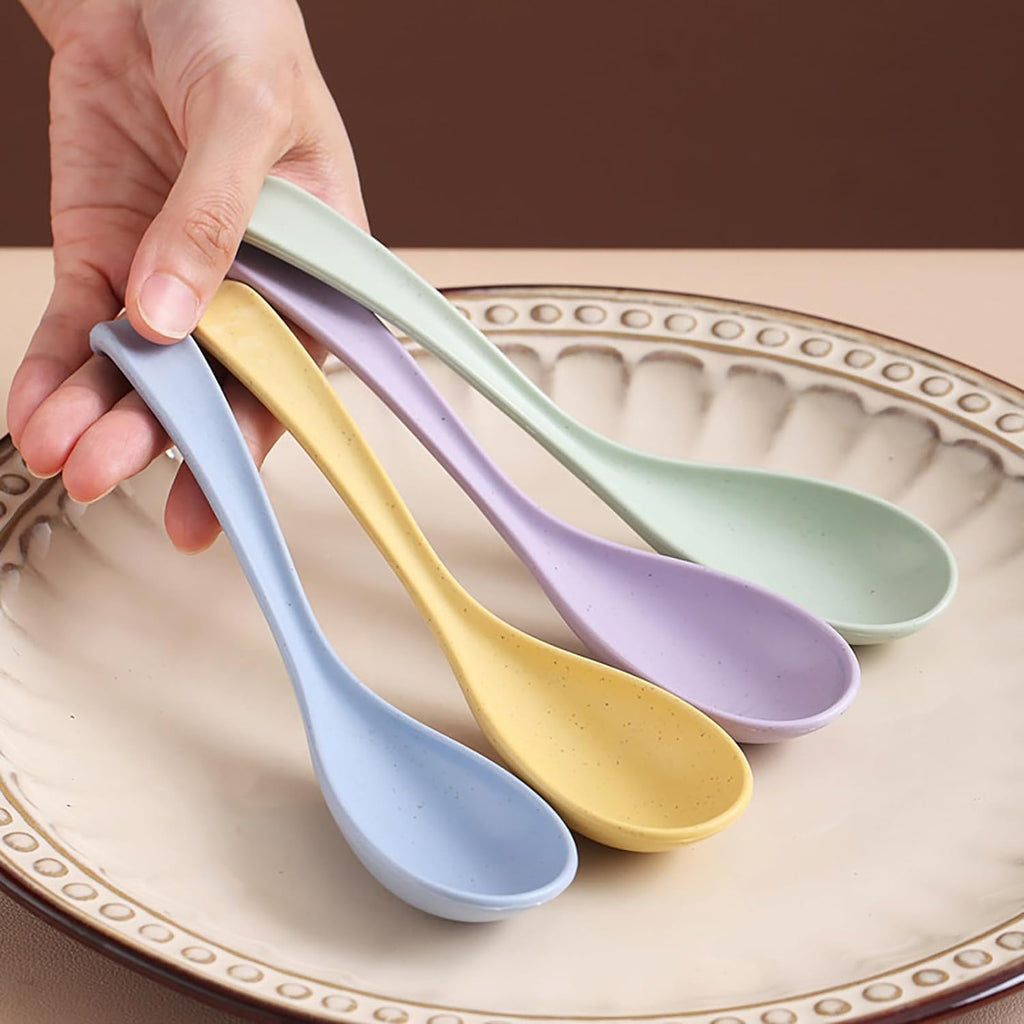 Hiceeden Set of 24 Reusable Plastic Asian Chinese Soup Spoons  Unbreakable Japanese Ramen Set  Long Dinner Spoons for Dumpling  Cereal  Dishwasher Safe  6 Colors