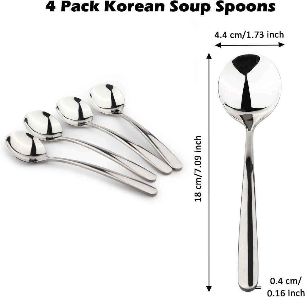 Korean Soup Spoon 18/10 Stainless Steel: Large Round Soup Spoons - 7 inch Long Handle Dinner Rice Soup Spoon Set for Home Kitchen Restaurant - 4 PCS