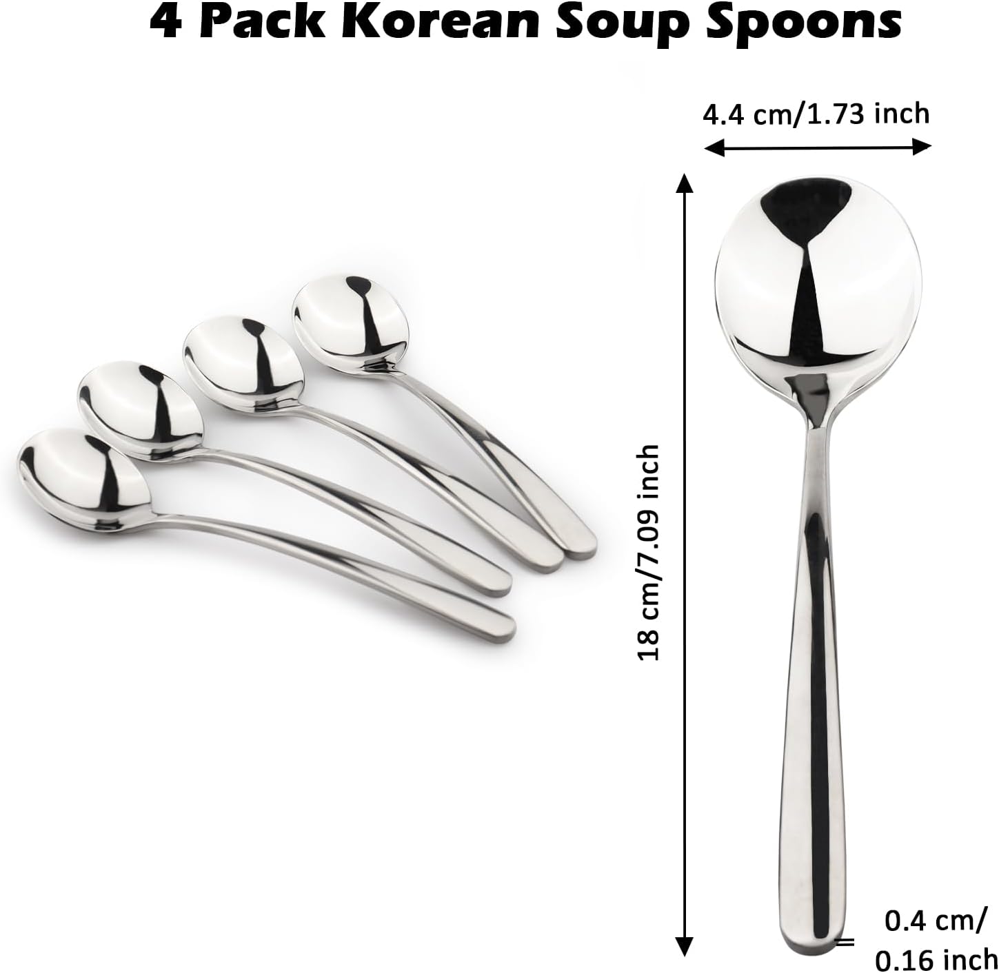 Korean Soup Spoon 18/10 Stainless Steel: Large Round Soup Spoons - 7 inch Long Handle Dinner Rice Soup Spoon Set for Home Kitchen Restaurant - 4 PCS