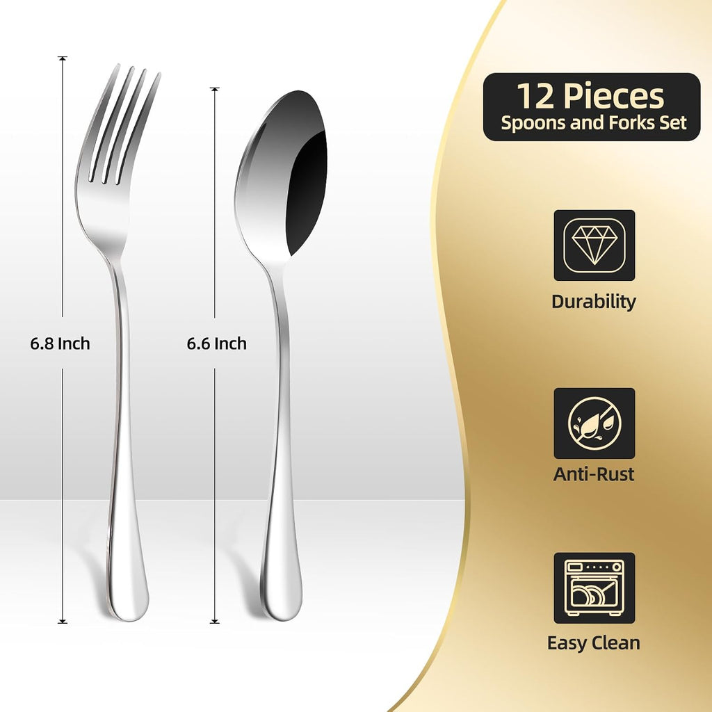 12 Pieces Spoons and Forks Set Food Grade Stainless Steel Flatware Cutlery Set 6 Forks(6.8 inch) and 6 Spoons(6.6inch) Silverware Set for Home Kitchen Restaurant-Mirror Polished & Dishwasher Safe