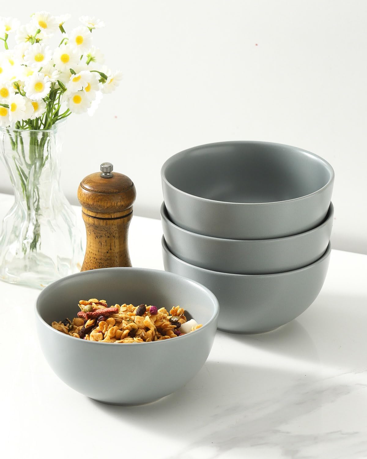 Cereal Bowls Set of 4  24 oz Bowls for Kitchen  Ceramic Bowls for Salad  Fruit  Breakfast  Dessert  Stoneware Soup Bowls  Dishwasher & Microwave Safe  Pebble Gray