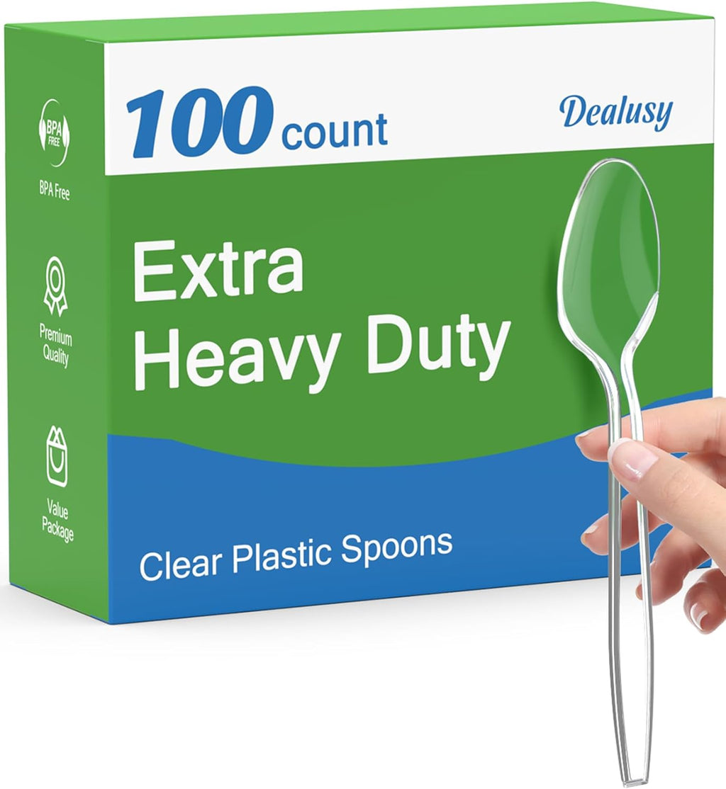 100 Count Clear Plastic Spoons Disposable  BPA-Free  Heat Resistant  Solid and Durable Disposable Spoons Heavy Duty Bulk  Premium Spoons plastic disposable for Party Supply