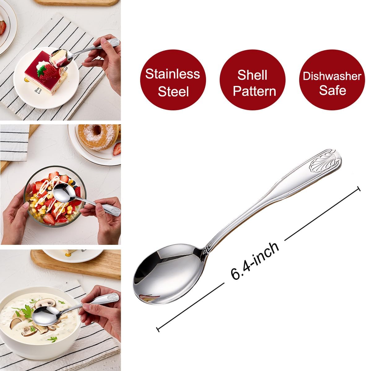 12-Piece Soup Spoon Set  6.4-Inch Stainless Steel Round Spoons Dessert Spoons  Shell Pattern Teaspoons  Mirror Polished spoons silverware  Dishwasher Safe