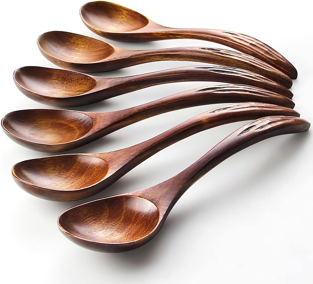 IQCWOOD Wooden Soup Spoons  Magic Wooden Spoons for Eating  6 Pieces 6.8 inch Asian Soup Spoon for Salad Desserts  Coffee  Snacks  Cereal  and Fruit