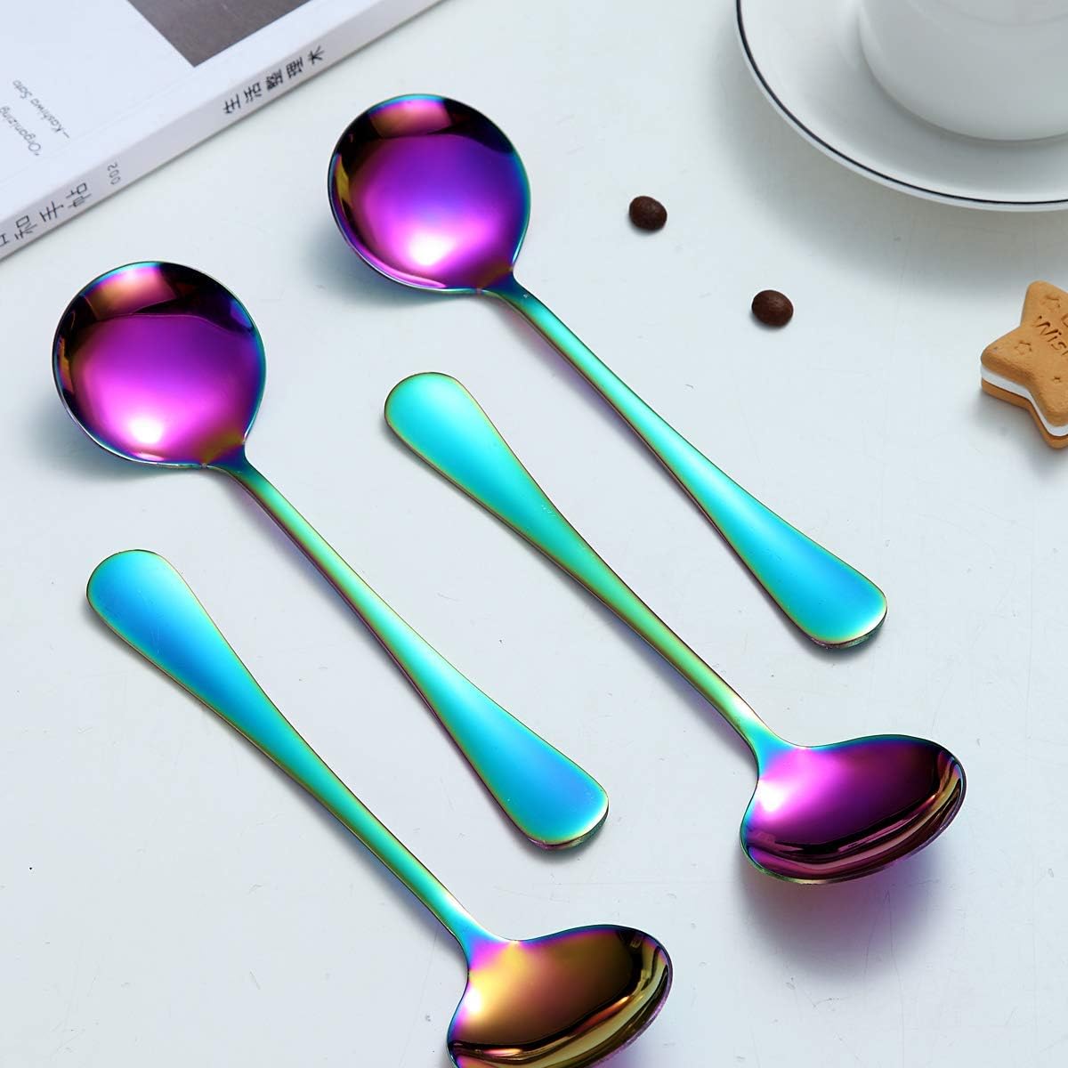 Rainbow Soup Spoon of 4  Berglander 7.5" Stainless Steel Titanium Plating Shiny Mutilcolor Round Spoons Silverware  Colorful Table Spoon Table Spoons Set Sturdy Easy To Clean  Dishwasher Safe
