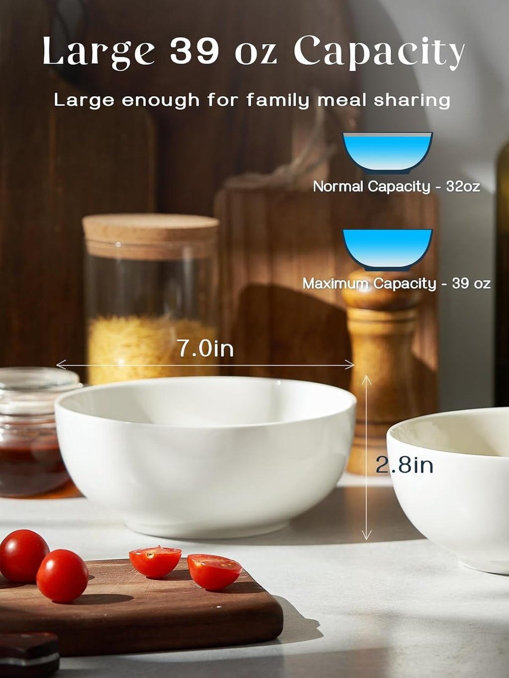 DOWAN 39 OZ Soup Bowls Set of 4 - Large Cereal Bowls  White Ceramic Big and Deep Ramen Bowls for Noodle  Pasta  Salad  Mixed Fruit - Dishwasher & Microwave Safe