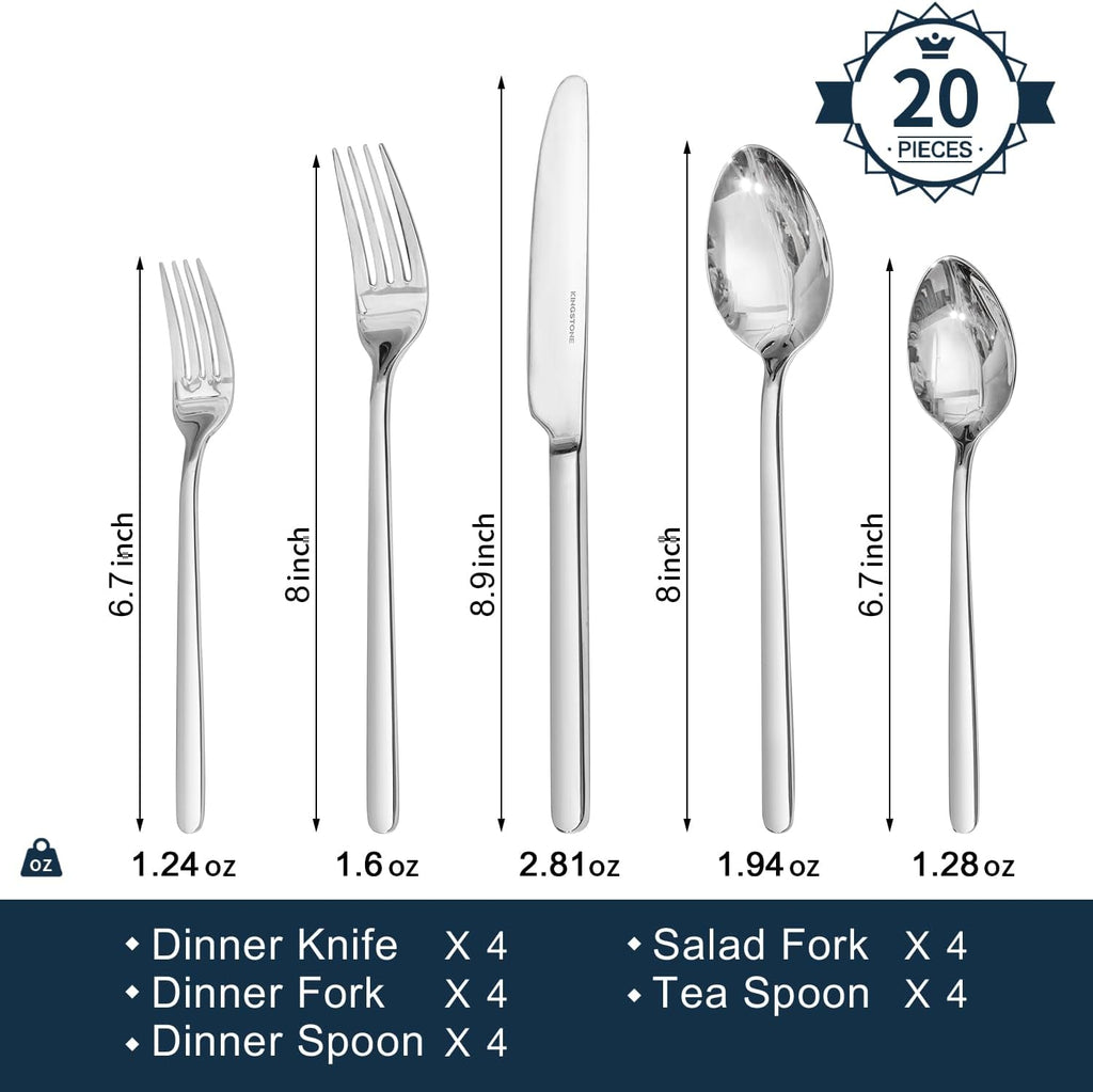 KINGSTONE Silverware Set  20 Piece Flatware Cutlery Set for 4  18/10 Stainless Steel Silverware Mirror Polished Dishwasher Safe for Home  Restaurant  Wedding  Party(Silver  20 pieces for 4)