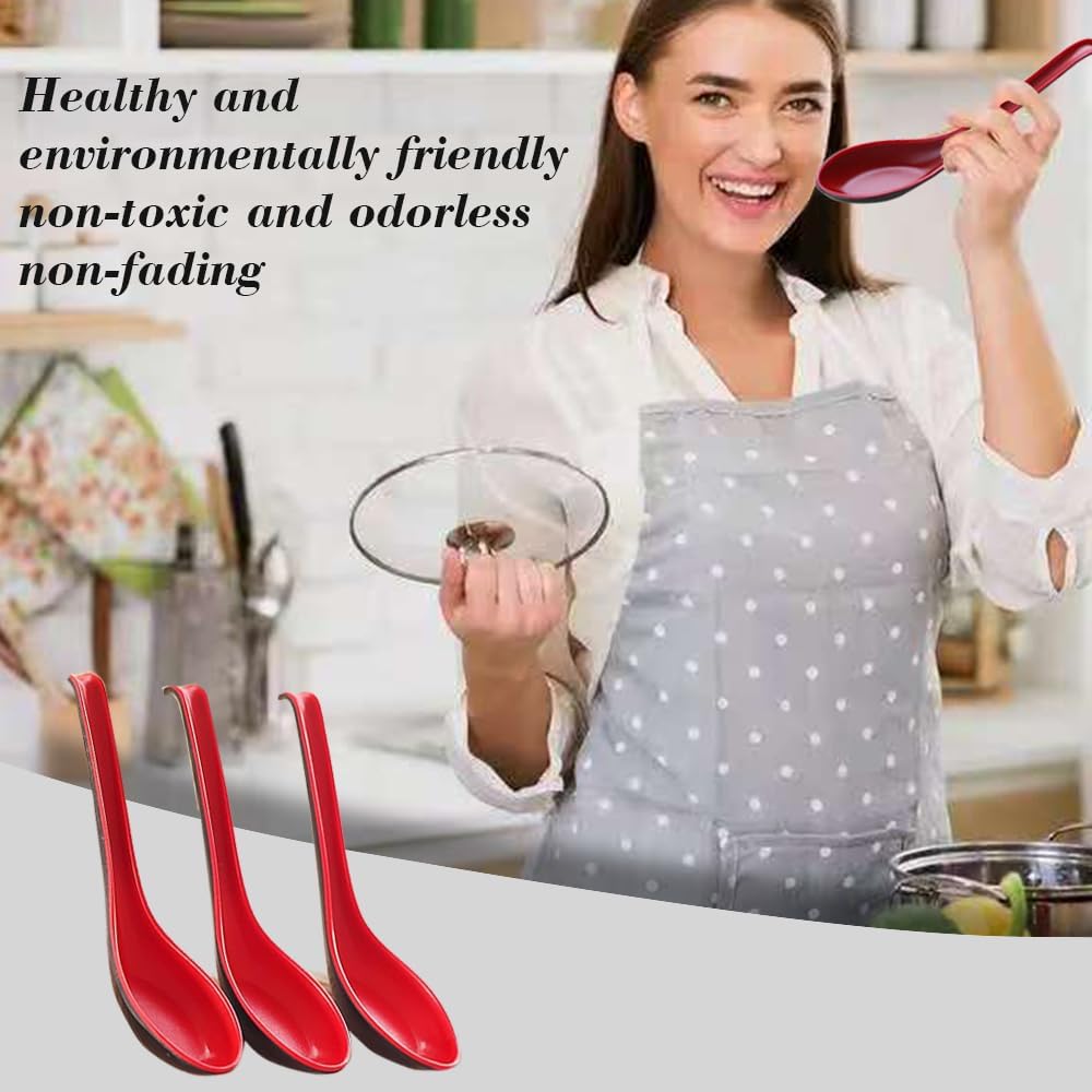 6Pcs Asian Soup Spoons Wiht HookRed and Black Chinses Soup Spoon  Perfect for Buckwheat Noodles  Rice  Rice Noodles  Lamian Noodles  Wonton(Long Handle)
