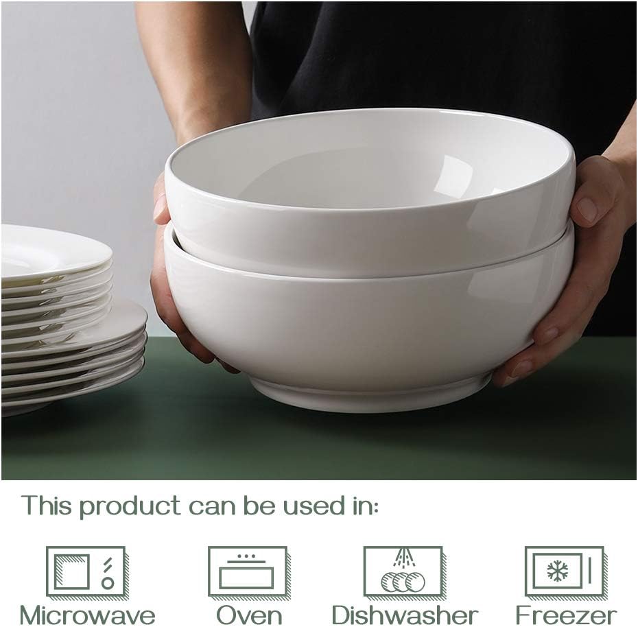DOWAN Serving Bowls  9.5" Large Salad Bowls for Entertaining  Side Dishes  Pho  Pasta  Centerpiece Bowls for Dinner Parties  Kitchen Decor  Microwave & Dishwasher Safe  White